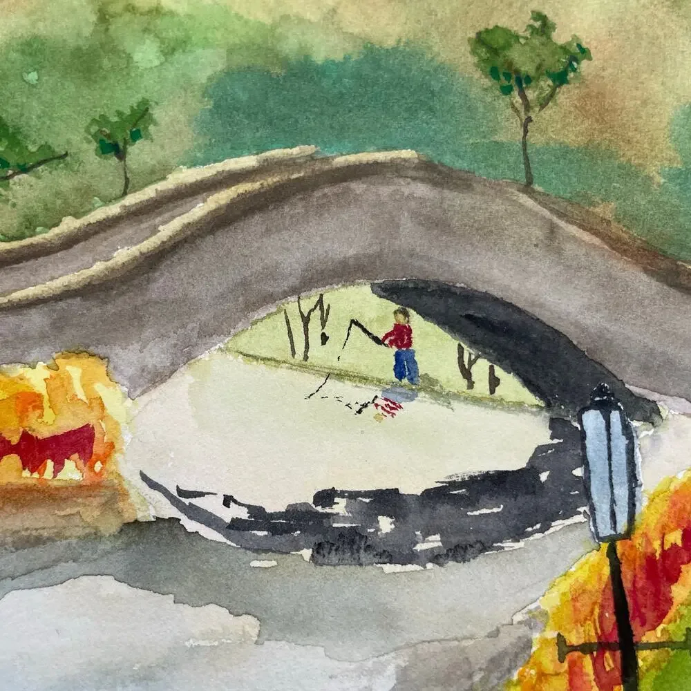 Hand painted watercolor original painting park fishing Chicago